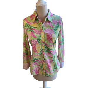Lilly‎ Pulitzer Floral Cottagecore  Pink Green Yellow Patchwork Long Sleeves 12